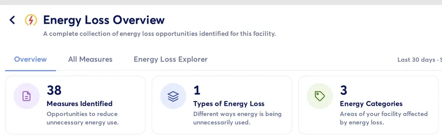 Example data: Energy Loss Overview for Aldermoor Community Recreation Centre, 38 measures identified across 3 energy categories
