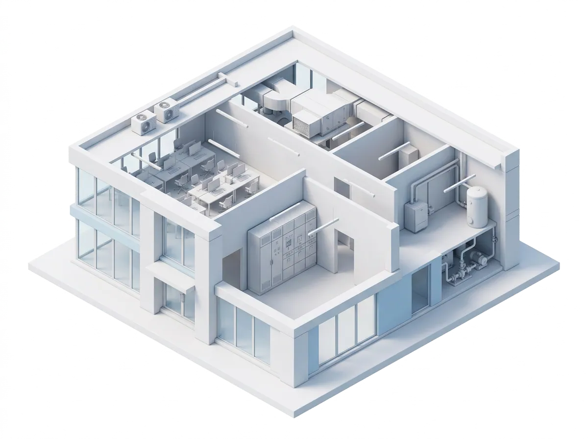 Isometric cutaway of a commercial building with its electrical room and equipment