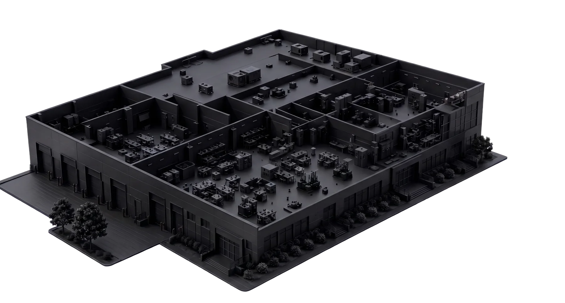 A facility seen from outside: a dark building with no visibility into what is running