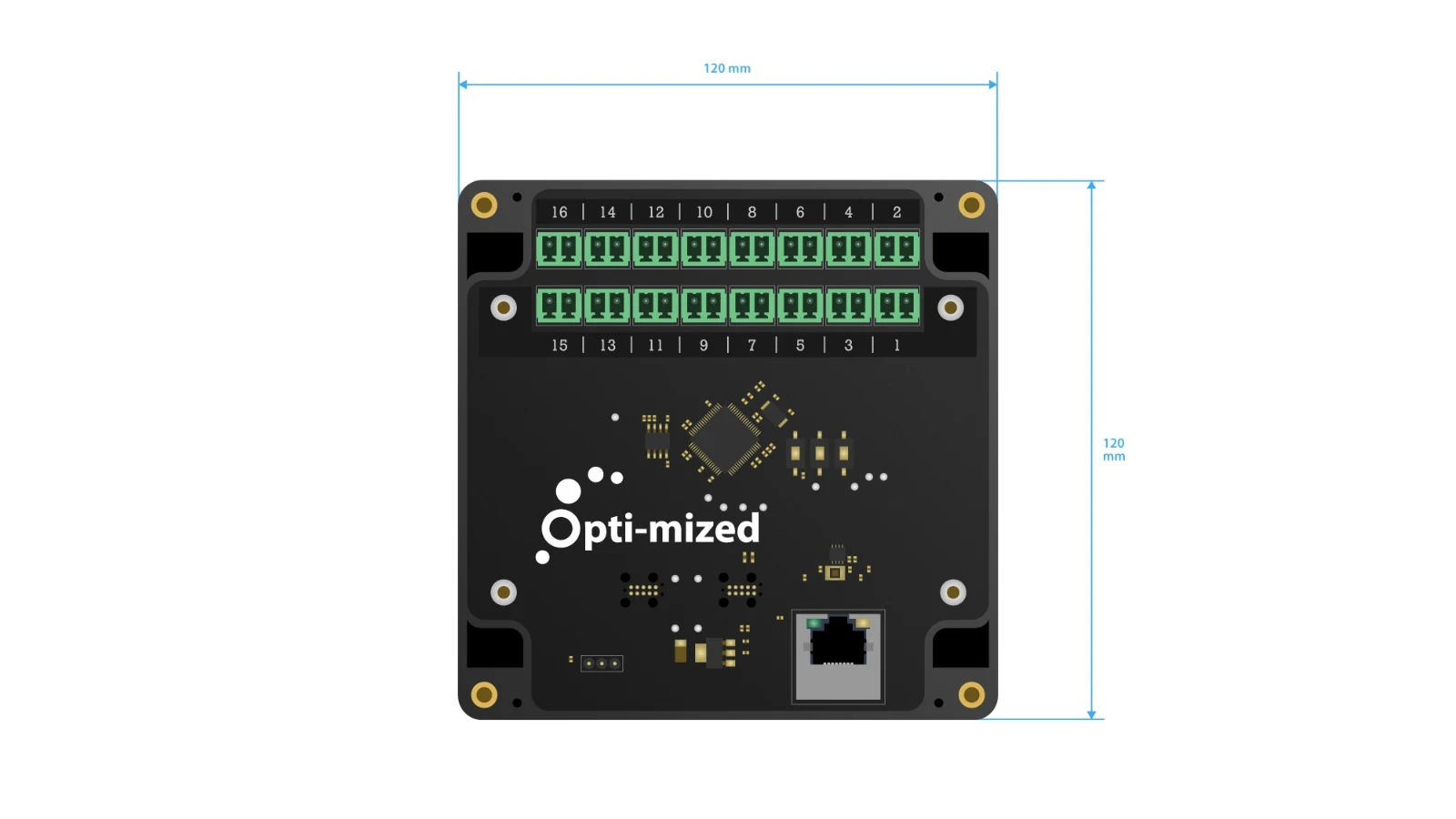 CT Hub interior, top view, with 16 numbered CT inputs, 120 mm by 120 mm.