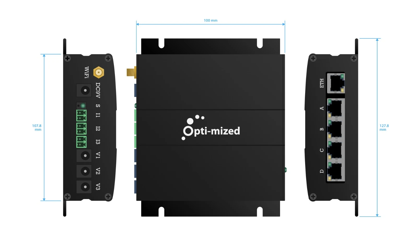 Opti-mized Gateway, side, top and end views with dimensions: 100 mm wide, 107.8 mm and 127.8 mm long.